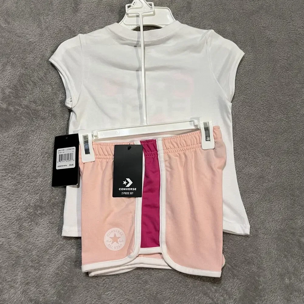 Converse Shirt Shorts Set Girls 6X White Pink All Star 2 Piece Graphic Outfit
